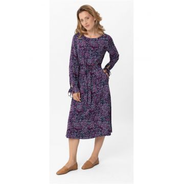 Rochie cu model abstract - maneca lunga -  G-Ella - cu cordon - violet