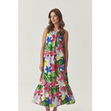 Rochie cu pliuri si model floral - fara maneci