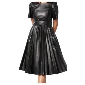 Rochie dama  neagra - imitatie de piele - cu curea si nasturi - plisata -