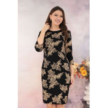 Rochie dreapta neagra cu imprimeu floral crem