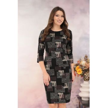 Rochie dreapta neagra cu print geometric bej