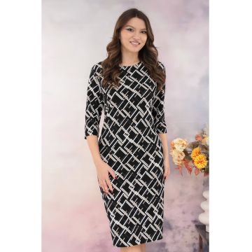 Rochie dreapta neagra cu romburi crem imprimate