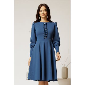 Rochie DY Fashion albastra eleganta cu volan incretit pe bust si nasturi bijuterie Rochie DY Fashion albastra eleganta cu volan incretit pe bust si nasturi bijuterie