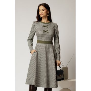 Rochie DY Fashion midi, cu imprimeu pepit kaki si fundite pe bust