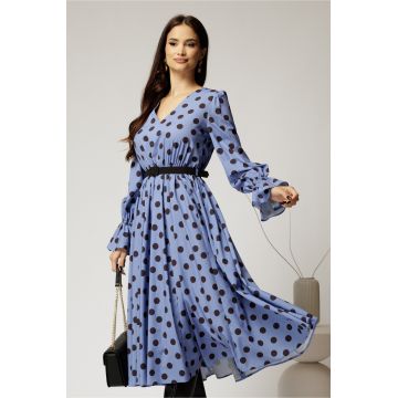 Rochie DY Fashion midi din voal bleu cu buline si curea in talie