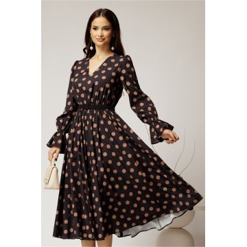 Rochie DY Fashion midi din voal negru cu buline si curea in talie