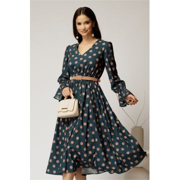 Rochie DY Fashion midi din voal turcoaz cu buline si curea in talie