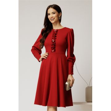 Rochie DY Fashion rosie eleganta cu volan incretit pe bust si nasturi bijuterie Rochie DY Fashion rosie eleganta cu volan incretit pe bust si nasturi bijuterie