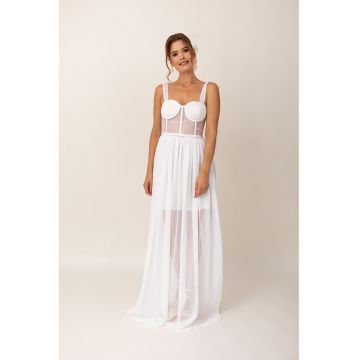 Rochie lunga evazata cu detalii semitransparente