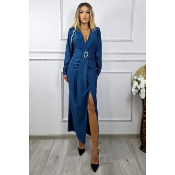 Rochie lunga pentru evenimente, Nefertiti, cu decolteu petrecut, Albastru Marin, Marime S/M