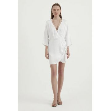 Rochie  maneci lungi - decolteu in V - alb - textil