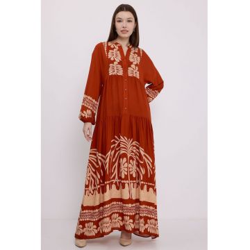 Rochie maxi  BDART - decolteu in V - captusita - textil - rosu caramiziu