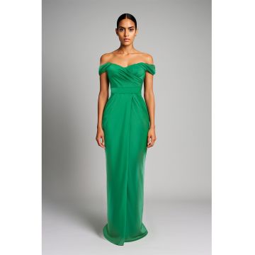 Rochie maxi cu aspect satinat si decolteu pe umeri