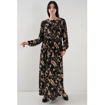 Rochie maxi dama -  cu imprimeu - inchidere cu snur - viscoza - negru/bej