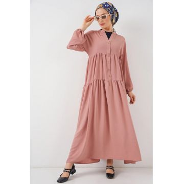 Rochie maxi dama -  elastan/poliester - decolteu in V - inchidere cu nasturi - roz Rochie maxi dama -  elastan/poliester - decolteu in V - inchidere cu nasturi - roz