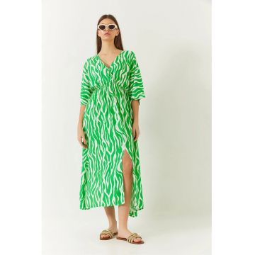 Rochie maxi  decolteu in V - imprimeu floral - verde - poliester-elastan - Rochie maxi  decolteu in V - imprimeu floral - verde - poliester-elastan -
