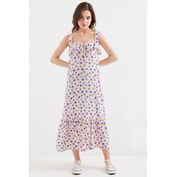 Rochie maxi  guler patrat - detalii cu volane - violet - viscoza