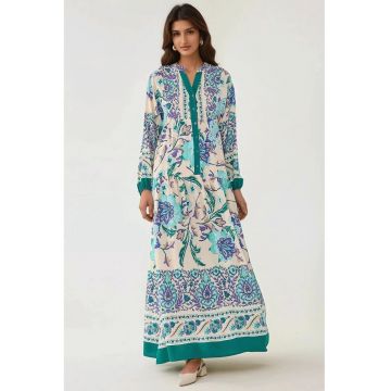 Rochie maxi -  imprimeu - cu maneca lunga - verde - viscoza