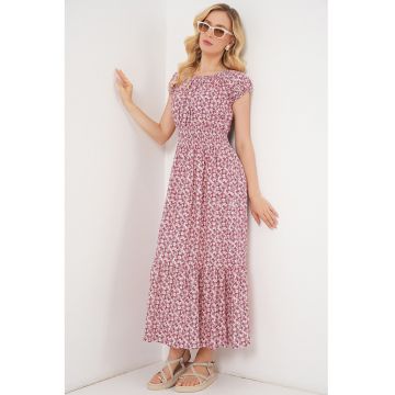 Rochie maxi  imprimeu floral - detalii elastice - rosu - textil -
