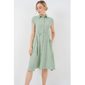 Rochie midi -  A-line - guler camasa - verde - textil -