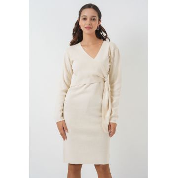 Rochie midi  bodycon cu decolteu in V - tricot - Fildes Natural -
