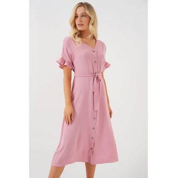 Rochie midi dama - poliester/elastan -  decolteu in V - roz