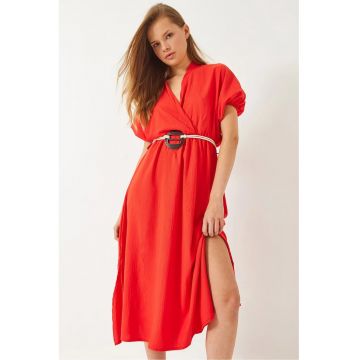 Rochie midi -  decolteu in V - curea - rosu - bumbac/poliester Rochie midi -  decolteu in V - curea - rosu - bumbac/poliester