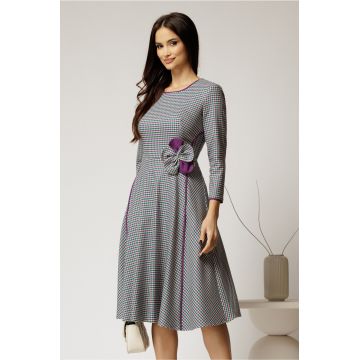 Rochie midi din stofa carou verde si finisaje mov