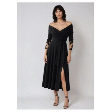 Rochie midi evazata cu maneci brodate Rimini - Negru