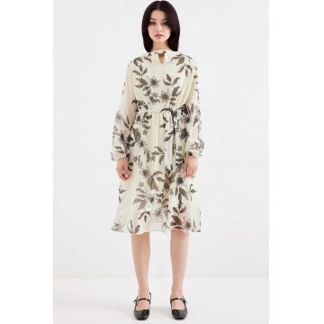 Rochie midi -  imprimeu floral - bej - poliester