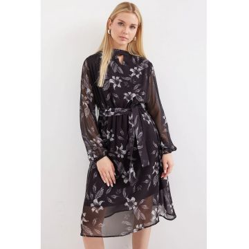 Rochie midi -  imprimeu floral - negru - poliester