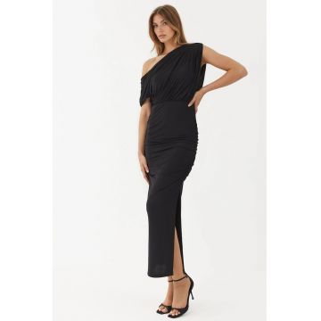 Rochie midi -  infasurata cu guler asimetric - elastic - negru - jerseu