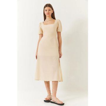 Rochie midi mulata  cu guler patrat - crapatura - bej - bumbac