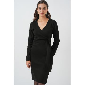 Rochie midi  mulata - decolteu in V - negru - tricot -