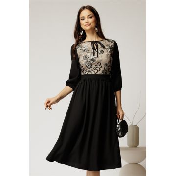 Rochie midi neagra din triplu voal in clos cu bust bej din dantela Rochie midi neagra din triplu voal in clos cu bust bej din dantela
