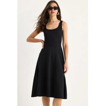 Rochie midi -  texturata cu curea - negru - poliester-lycra