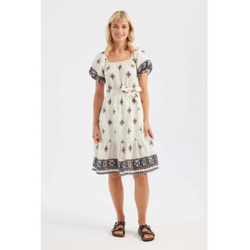 Rochie midi -  umeri goi - imprimeu - bej - textil
