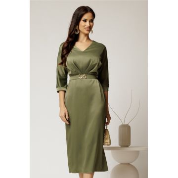 Rochie midi verde satinata cu decolteu in V