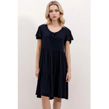 Rochie mini  cu decolteu in V - funda - albastru - viscoza -