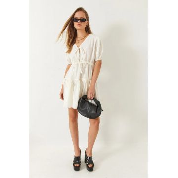 Rochie mini -  decolteu in V - funda - bej - poliester-bumbac