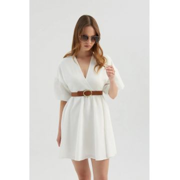 Rochie mini -  decolteu in V - maneci bufante - Alb - textil