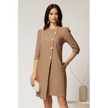 Rochie office din stofa bej cu nasturi perlati