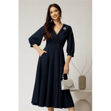 Rochie office din stofa bleumarin cu bust petrecut si rever