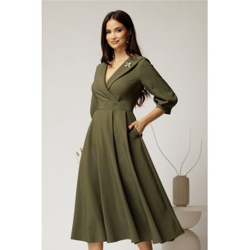 Rochie office din stofa kaki cu bust petrecut si rever