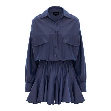 Rochie-cămașă supradimensionată albastră din denim, cu talie încrețită și tiv cu volane