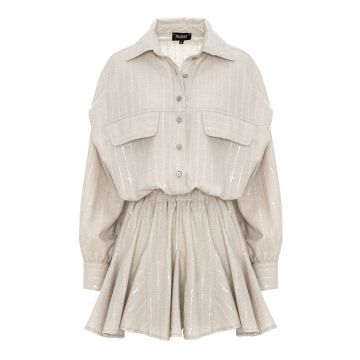 Rochie-cămașă supradimensionată bej, din in strălucitor, cu inserții