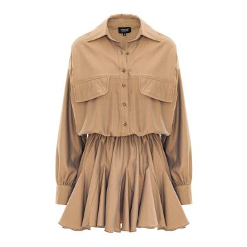 Rochie-cămașă supradimensionată camel cu talie încrețită și tiv cu volane