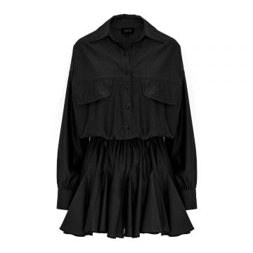 Rochie-cămașă supradimensionată neagra cu talie încrețită și tiv cu volane
