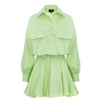 Rochie-cămașă supradimensionată verde lime cu talie încrețită