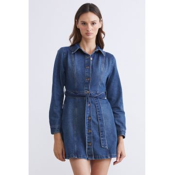 Rochie-camasa mini din denim cu cordon in talie